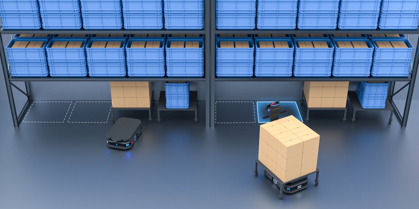 Warehouse automation scene with autonomous mobile robots